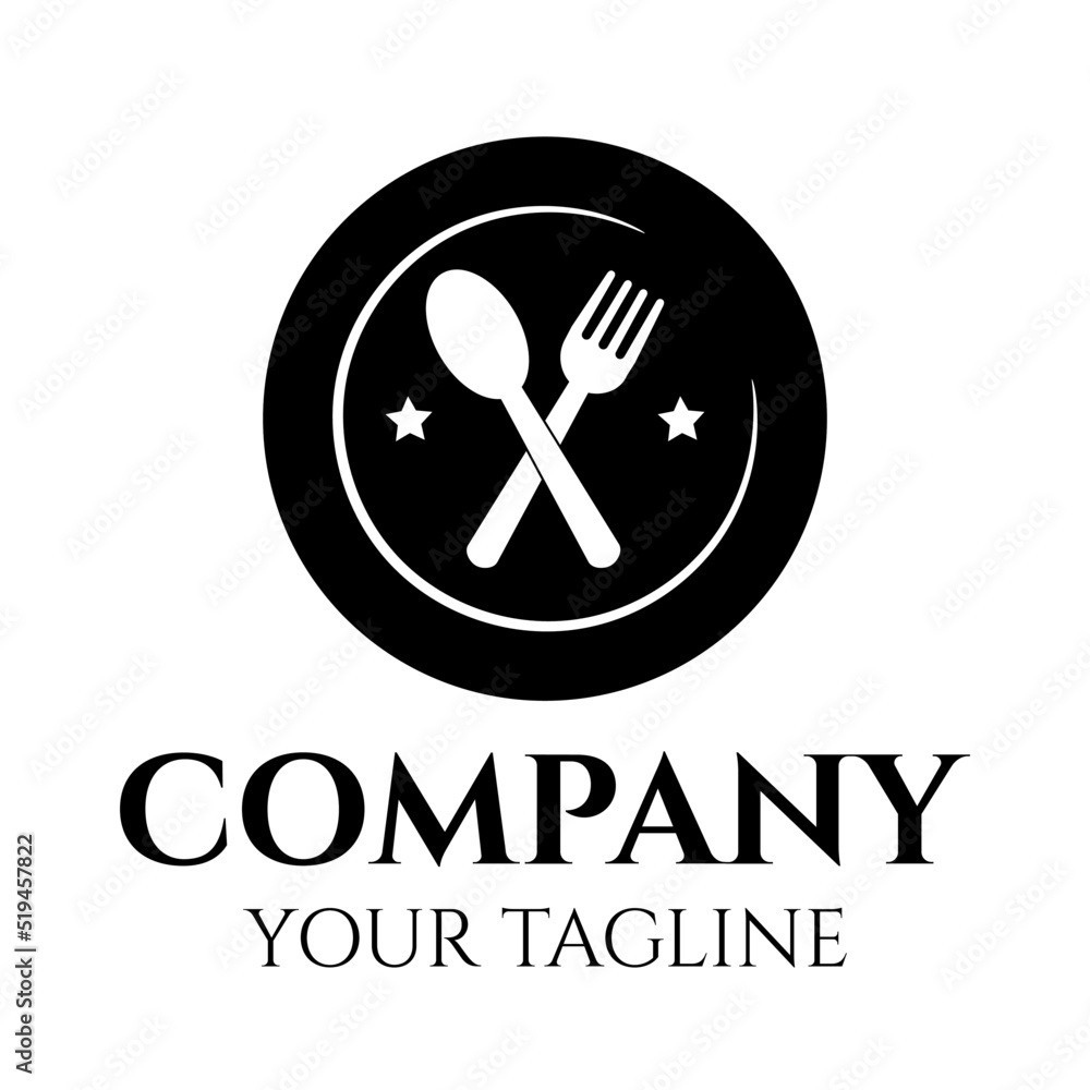 Spoon and fork logo combination with a plate and stars, best used for a restaurant logo. Restaurant logo with plate with a white isolated background. Spoon and fork logo combination with a plate and stars, best used for a restaurant logo. Restaurant logo with plate with a white isolated background.