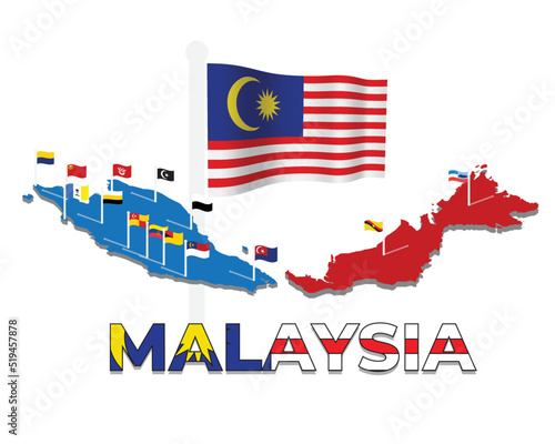 A vector of Malaysia Day concept. Waving Malaysia flag with map and 14 states flag in the country and word