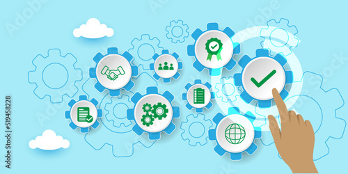 Quality management with (QA) Quality assurance, (QC)Quality control and improvement. Standardization and certification concept With icons. Cartoon Vector Illustration.