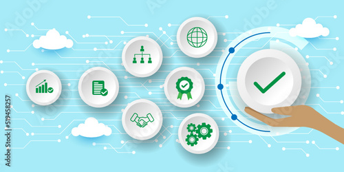 Quality management with (QA) Quality assurance, (QC)Quality control and improvement. Standardization and certification concept With icons. Cartoon Vector Illustration.