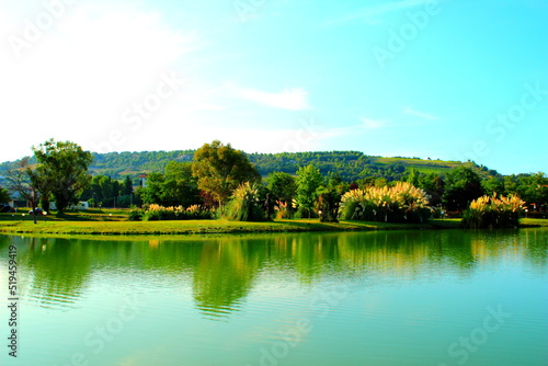 Fototapeta Naklejka Na Ścianę i Meble -  Interesting highlight from Lago Azzurro in Altidona with flourishing vegetation and green grass accompanying the greenish lake waters and being mirrored in them with Marche landscape in the background