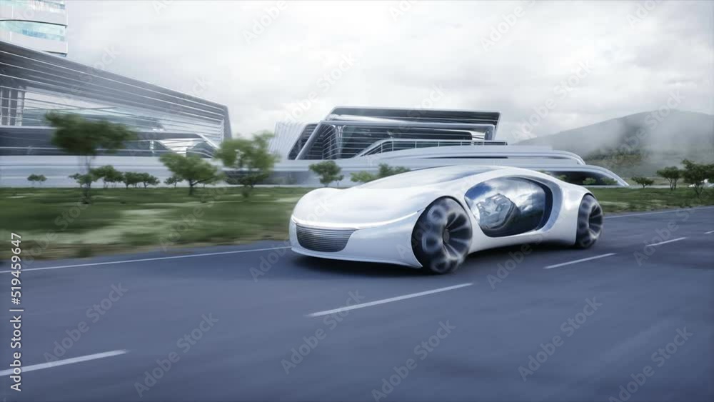 Futuristic electric car very fast driving on highway. Futuristic city concept. Realistic 4k animation. Futuristic electric car very fast driving on highway. Futuristic city concept. Realistic 4k animation.