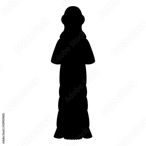 Silhouette of Mesopotamian goddess. Ancient Iranian sculpture of a woman. Inanna or Ishtar. Black and white negative silhouette.