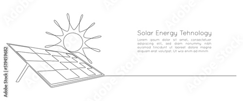 One continuous line drawing of Solar panel with sun. Green energy and renewable resources in simple linear style. Power station and save ecology concept. Editable stroke. Doodle vector illustration