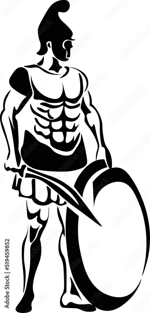 Black and White Cartoon Illustration Vector of a Gladiator with Sword ...
