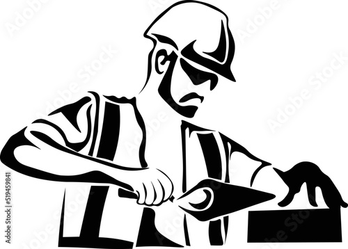 Black and White Cartoon Illustration Vector of a Bricklaying Man with Trowel and Hard Hat