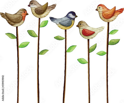 Photography illustration of colorful wooden wild birds