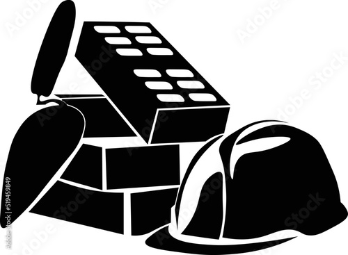 Black and White Cartoon Illustration Vector of a Hard Hat Trowel and Building Bricks