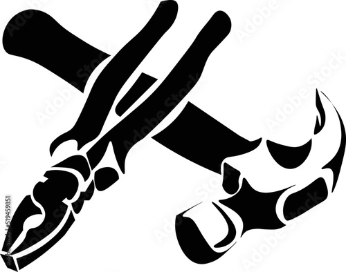 Black and White Cartoon Illustration Vector of a Hammer and Pliers