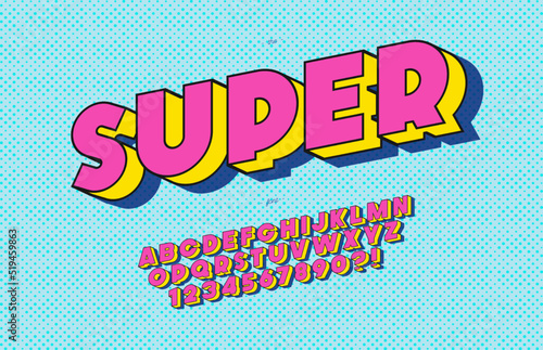 Vector super font 3d bold pop art style modern typography sans serif style for book, promotion, poster, decoration, t shirt, banner, printing on fabric. Cool 3d bold typeface. Trendy alphabet. 10 eps
