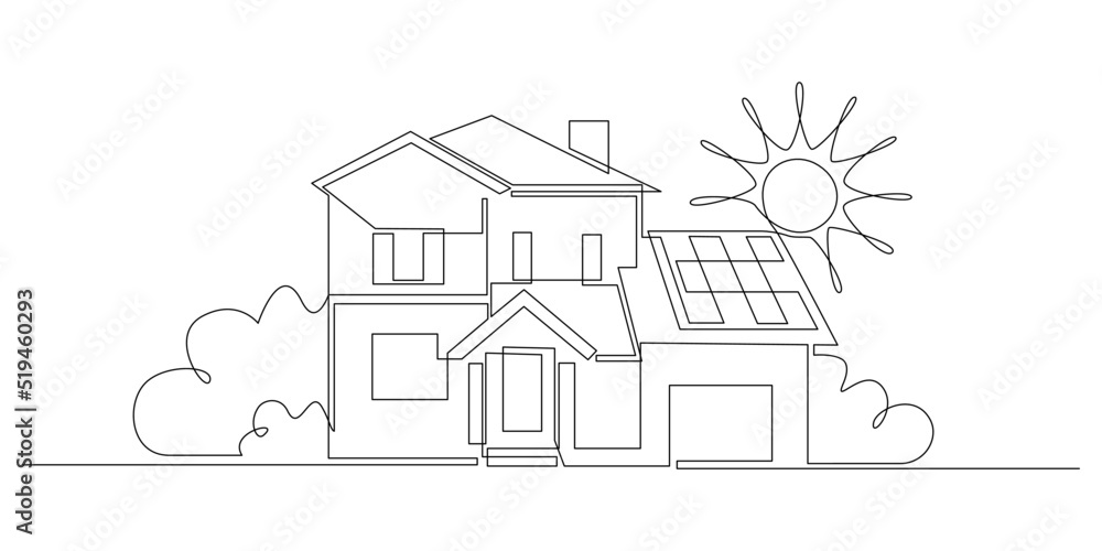 One continuous line drawing of house with Solar panel on the roof. Green energy and renewable resources in simple linear style. Home power station concept. Editable stroke. Doodle vector illustration