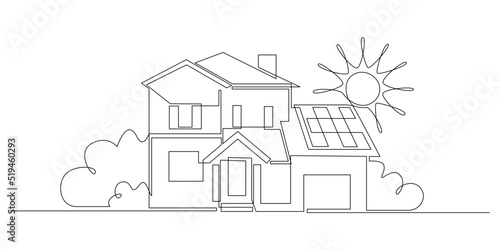 One continuous line drawing of house with Solar panel on the roof. Green energy and renewable resources in simple linear style. Home power station concept. Editable stroke. Doodle vector illustration