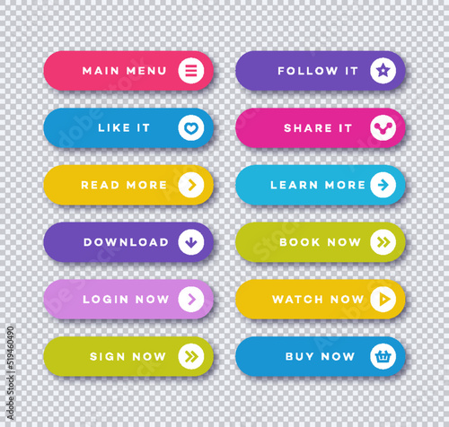 Set of vector button flat style with user interface icons isolated on transparent background for web site, ui, mobile app. Call to action icon button. 10 eps