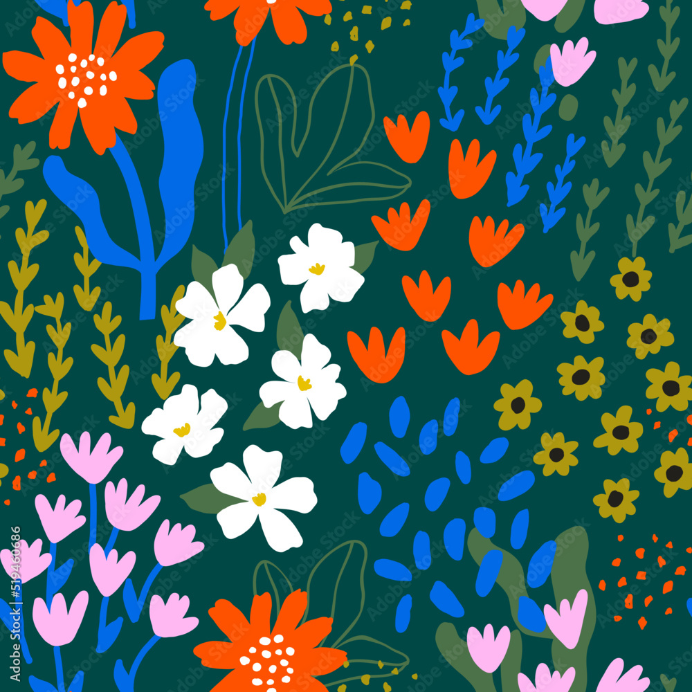 Abstract seamless pattern with hand drawn meadow flowers. Fashion stylish natural background. Abstract seamless pattern with hand drawn meadow flowers. Fashion stylish natural background.