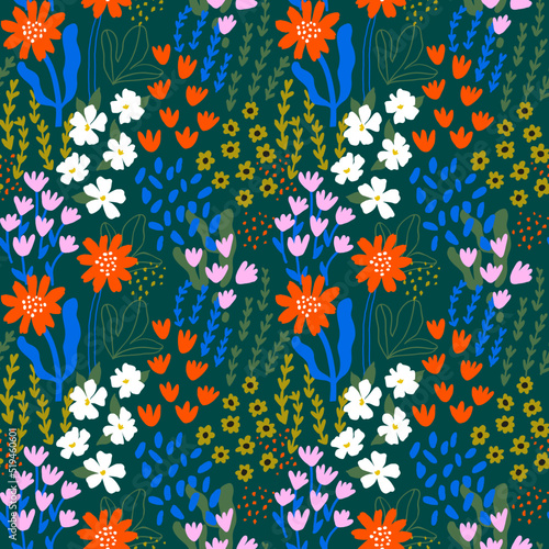 Abstract seamless pattern with hand drawn meadow flowers. Fashion stylish natural background.