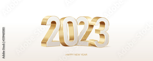 Happy New Year 2023. Golden 3D numbers isolated on a white background. Holiday greeting card design. Vector illustration.