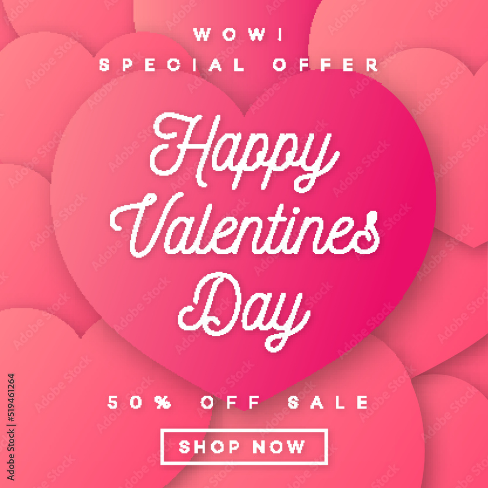 Valentines day banner sale with wishes and special offer on hearts background red color for promotion, greeting card, stamp, poster, label, tag, decoration, romantic quote. Vector Illustration