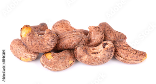 Cashew nuts in shell isolated on white background. Roasted and salted cashew nuts.