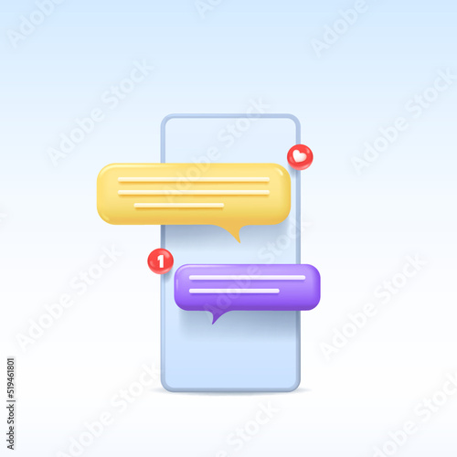 Smartphone with chat bubble talk icons and notification on blue background. Like button and message notification. Vector illustration.