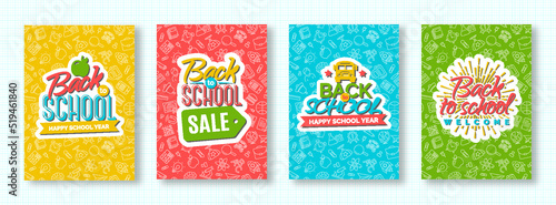 Back to school card set with color emblems consisting of school bus, apple, sunburst and sign welcome and happy school year on different background consisting of school supplies. Vector illustration.