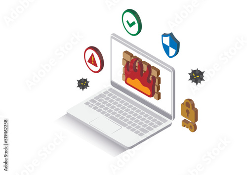 アイソメトリック＿ファイヤーウォール でウィルス感染を防ぐイメージイラスト02