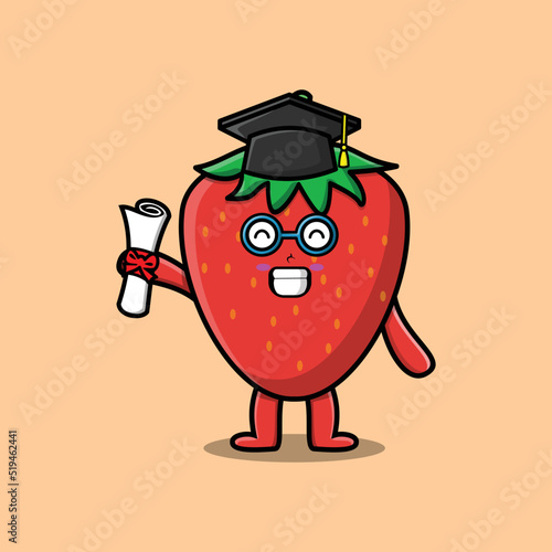 Cute cartoon strawberry student character on graduation day with toga in concept flat cartoon style