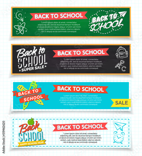 Set of vertical back to school banners with labels and supplies on blackboard isolated on white background. Vector Illustration