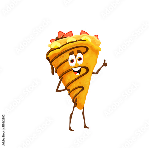 Cartoon funny crepes dessert character. Vector suzette or blini pastry with banana or strawberry stuffing and chocolate sauce. French cafe or restaurant fried thin pancake comic personage for kid menu