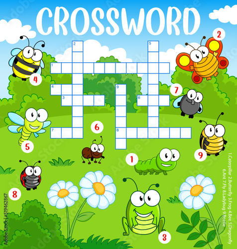 Cartoon funny insects on meadow crossword grid, find a word quiz worksheet. Vector search puzzle for children with caterpillar, butterfly, frog, bee, dragonfly, ant, fly, ladybug, beetle, cross word