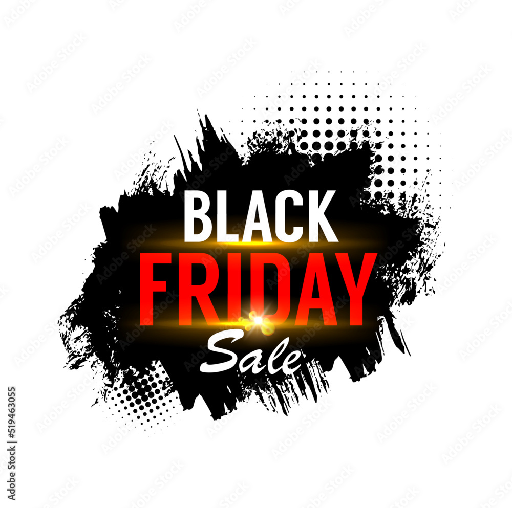 Black friday sale banner or weekend shop offer tag vector design of sale discount or clearance special deals. Black friday promo poster or flyer with halftone blobs and paint brush strokes background