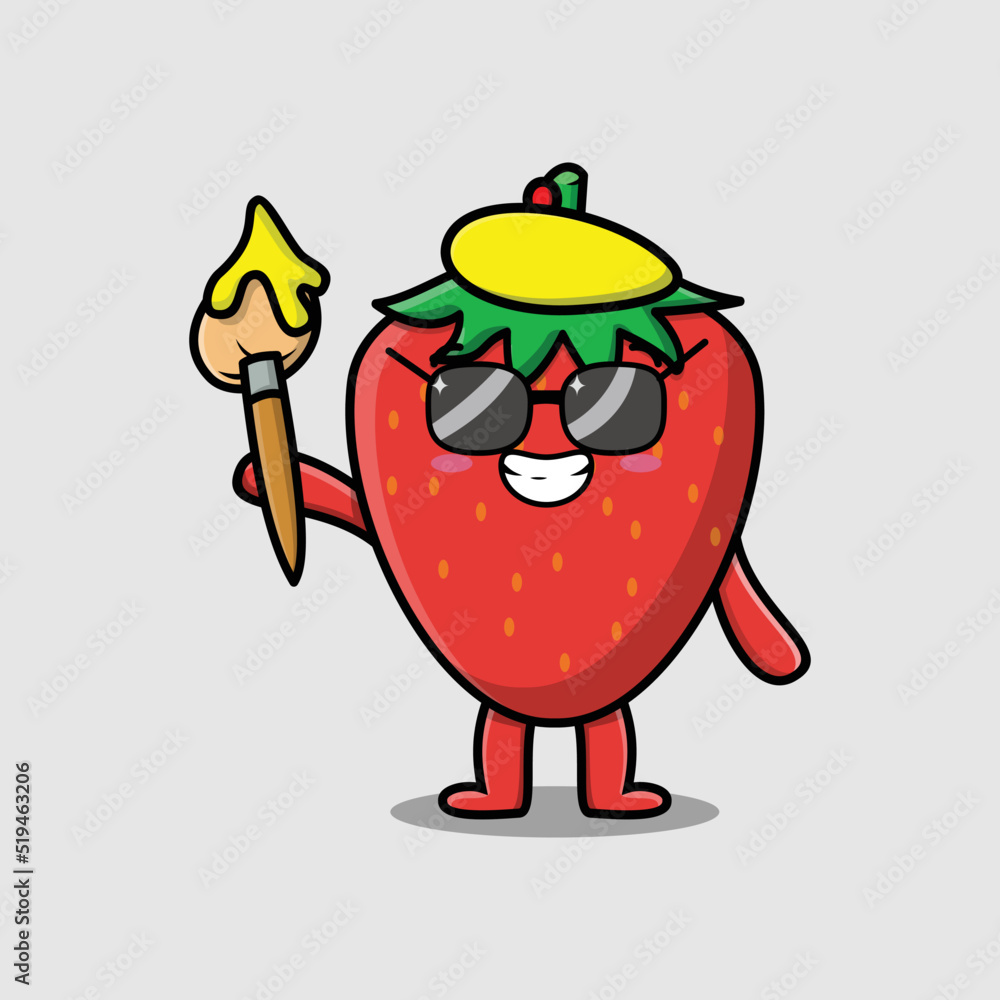 Obraz premium Cute cartoon character Strawberry painter with hat and a brush to draw in cute design style design 