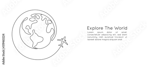 One continuous line drawing of Earth globe with airplane. Flight route path on world map in simple linear style. Travel and flight airline symbol concept. Editable stroke. Doodle vector illustration