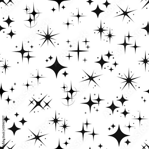 Star sparkle and twinkle seamless pattern background, vector bursts and flashes. Star shine and sparks or glitter light with twinkle and flare glare of magic rays glow pattern, black on white