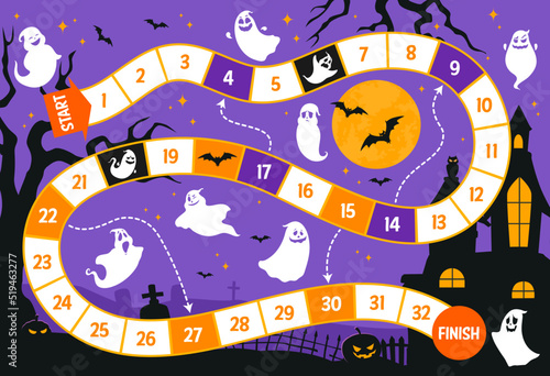 Step board game, Halloween ghosts on cemetery, vector tabletop puzzle worksheet. Dice or step race game worksheet with start and finish with funny Halloween ghosts and spooky pumpkin lanterns