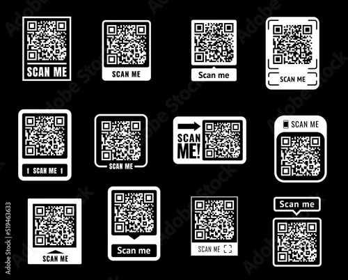 Scan me QR code sticker icons, phone barcode scanner or qrcode for smartphone, isolated vector. QR code scan me tag symbol for mobile app or web button to internet and website link or instant pay