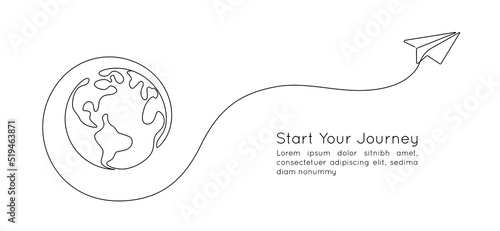 One continuous line drawing of Earth globe with paper airplane. Flight route path on world map in simple linear style. Travel and flight airline. Editable stroke. Doodle vector illustration