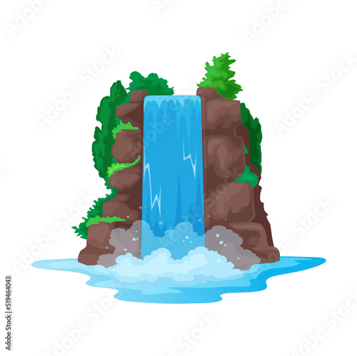 Scenery of cartoon waterfall, vector falling water from cliff. Vector waterfall cascade scenery, game asset landscape, coastal nature, torrent splashes
