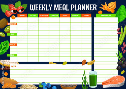 Weekly meal planner, superfoods nutrition food plan schedule, vector eating organizer. Weekly meal and diet menu plan with week shopping list for salmon, spirulina and chia with nuts or blueberry