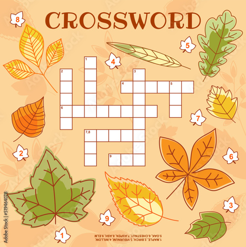 Autumn tree leaves crossword grid worksheet, find a word quiz game. Vector search puzzle for children leisure with cartoon maple, chestnut, birch, viburnum, oak, aspen, elm, ash and willow fallen leaf