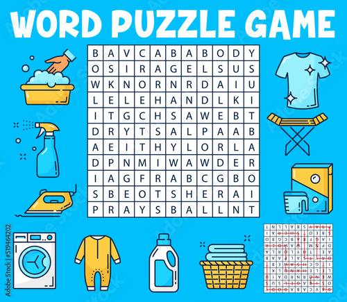 Washing and cleaning word search puzzle game worksheet, vector kids quiz grid. Riddle game to search and find words of laundry washing machine or washer, detergent powder and handwash basket