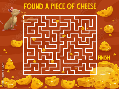 Cartoon mouse and cheese, labyrinth maze game to find way or escape, vector tabletop worksheet. Kids labyrinth maze puzzle to help mouse to find way to cheese food, lumps of edam or emmental head