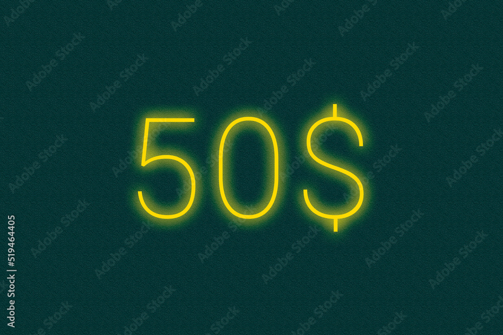 50$ dollar logo. fifty dollar neon sign. Number fifty on green