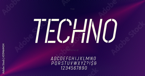 Techno font trendy typography. Modern typeface poster, decoration, animation, t shirt, racing, game, promotion, banner, printing on fabric. Cool font. Vector 10 eps