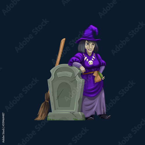 Slika na platnu Witch at cemetery tomb, spooky Halloween vector character
