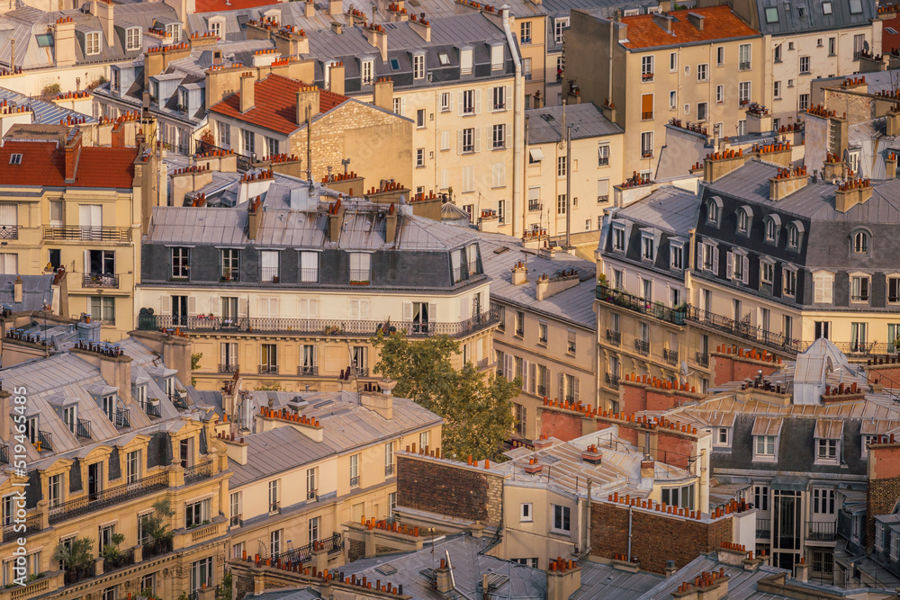 Montmartre parisian roofs details at golden sunrise Paris, France