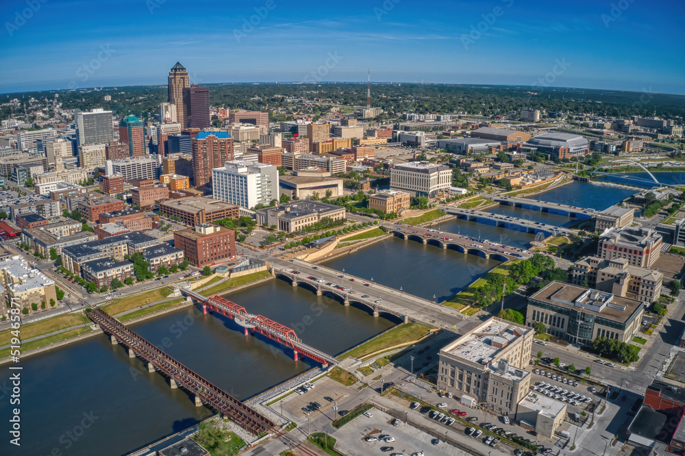 Aerial View of the Skyline of Des Moine, Iowa facing East