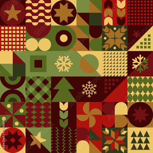 Geometryczna świąteczna kompozycja - kolorowa mozaika z gwiazdkami, choinkami i płatkami śniegu na Boże Narodzenie. Powtarzający się wzór w stylu neo geo do zastosowania jako tło do projektów.