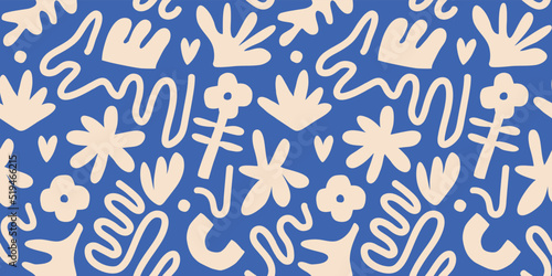 Contemporary art collage with abstract shapes and flowers. Vector seamless pattern with Scandinavian cut out elements.
