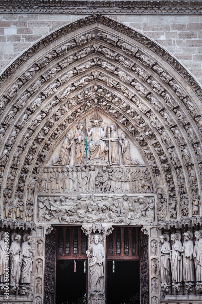 Notre Dame of Paris last judgment ornate facade details, France Notre Dame of Paris last judgment ornate facade details, France