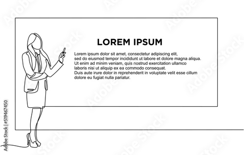Continuous line drawing of businesswoman writing marketing executive graphic on blackboard. Education, school, lesson and concept of a teacher standing in front of the blackboard in doodle style